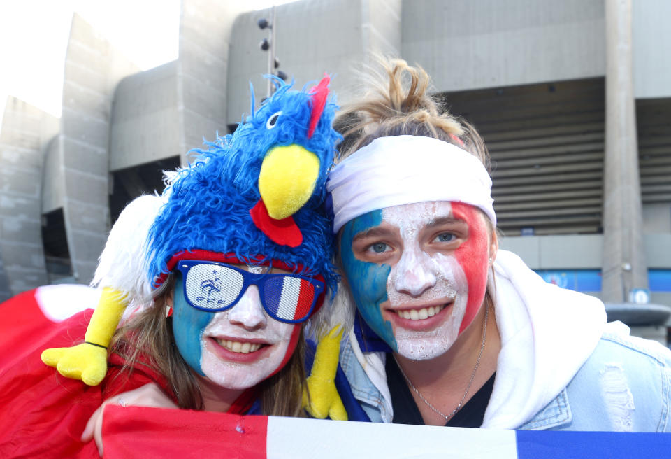 Fans of France pose for a photograph outside the stadium prior to the 2019 FIFA Women's World Cup France group A match between France and Korea Republic at Parc des Princes on June 07, 2019 in Paris, France. (Photo by Robert Cianflone/Getty Images)