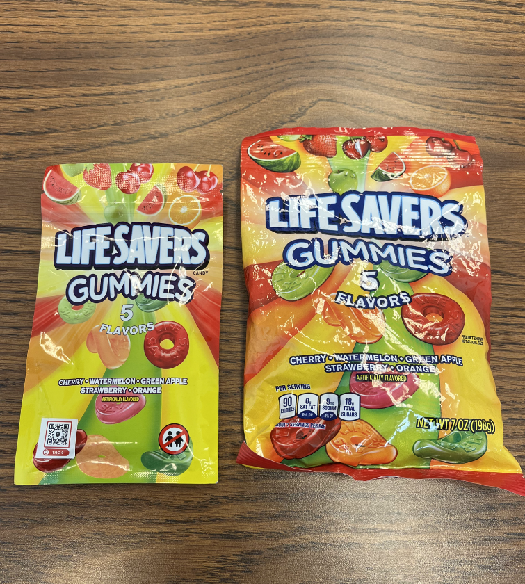 A pack of hemp-infused Life Savers candies (left) next to a regular pack of Life Saver candies.