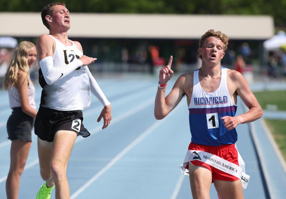 Richfield’s Richard Crane (1) wins the 3A boys 3,200 meters ahead of Union’s Paul Squire during the Utah high school track and field championships at BYU in Provo on Friday, May 19, 2023. | Jeffrey D. Allred, Deseret News