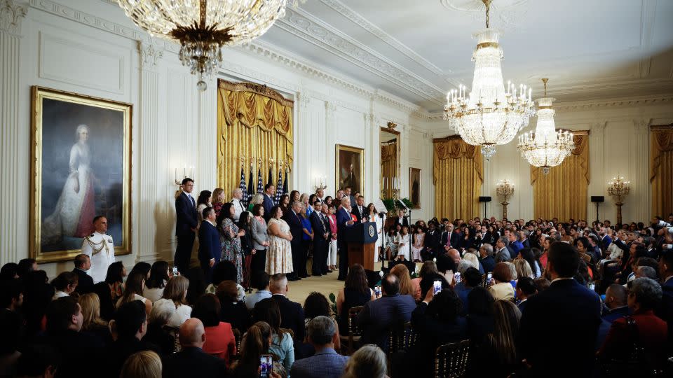 Biden announced the new immigration policy at an event celebrating the 12th anniversary of the Obama-era Deferred Action for Childhood Arrivals program, better known as DACA. A crowd of supporters packed the East Room of the White House for the occasion. - Chip Somodevilla/Getty Images