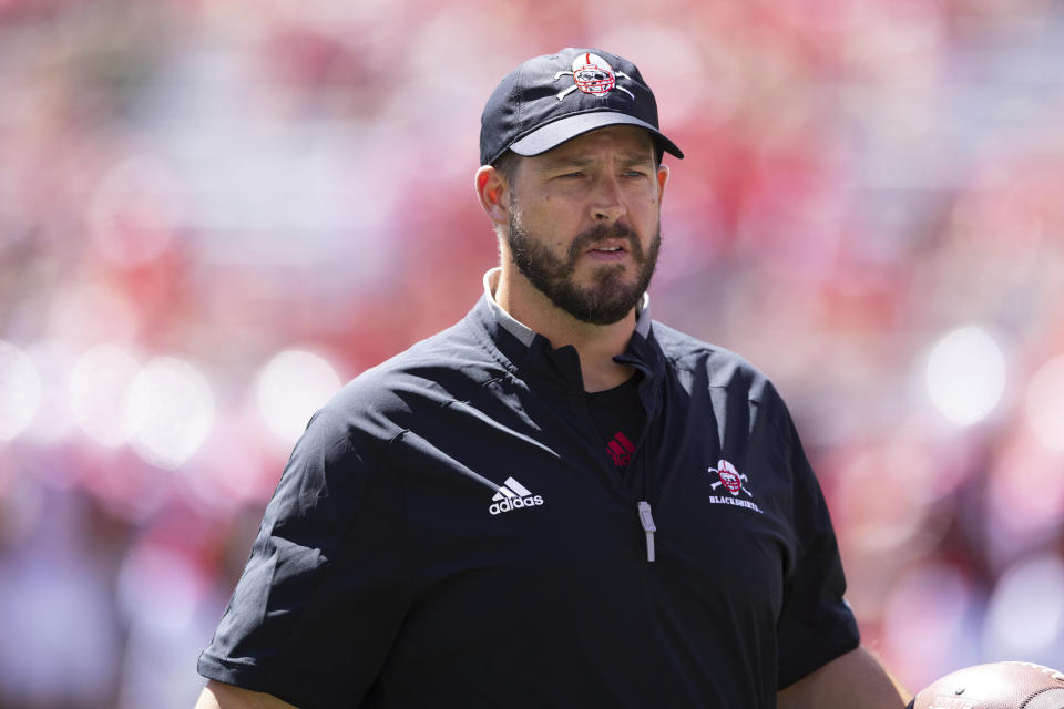 Nebraska defensive coordinator Erik Chinander walks around during warmups before playing against North Dakota during the first half of an NCAA college football game Saturday, Sept. 3, 2022, in Lincoln, Neb. (AP Photo/Rebecca S. Gratz)