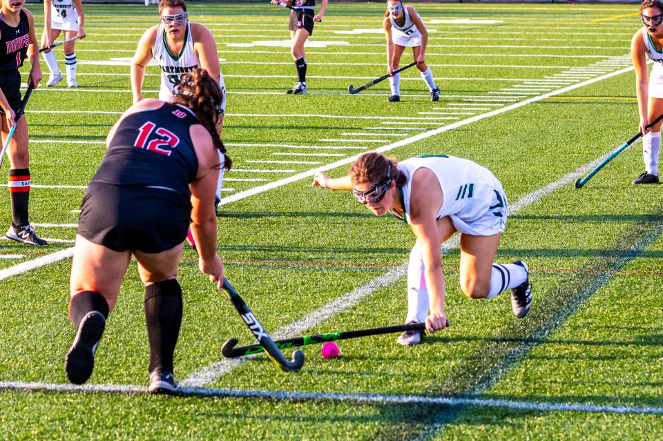 Dartmouth's Samantha Souza blocks the outlet pass from Durfee's Emily Curran.