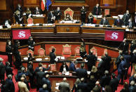 A general view of the upper house of parliament at the Senate after a confidence vote, in Rome, Tuesday, Jan. 19, 2021. Italian Premier Giuseppe Conte fights for his political life with an address aimed at shoring up support for his government, which has come under fire from former Premier Matteo Renzi's tiny but key Italia Viva (Italy Alive) party over plans to relaunch the pandemic-ravaged economy. (Yara Nardi/pool photo via AP)