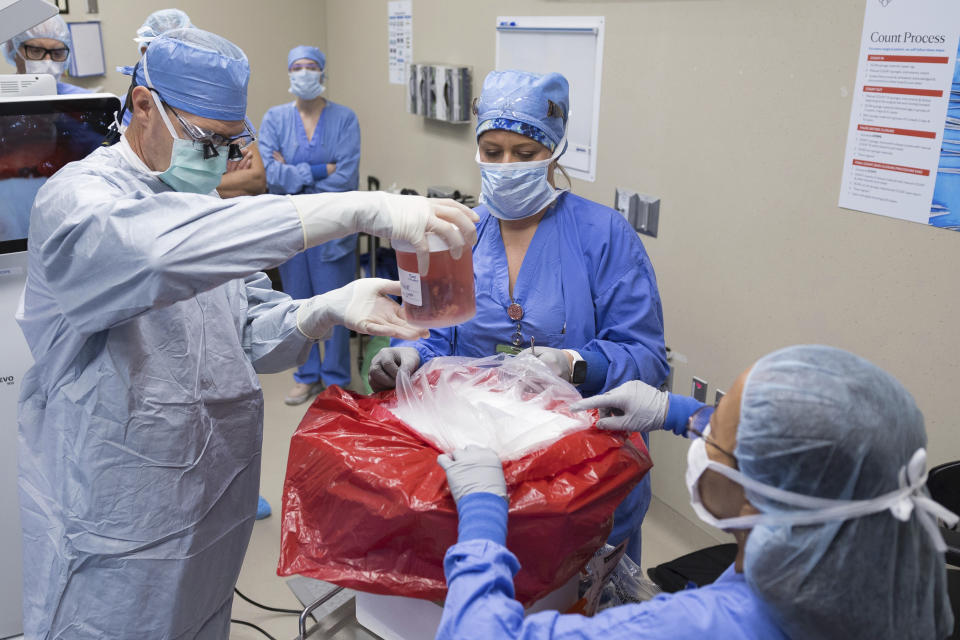 In this photo provided by the Mayo Clinic, Dr. David Lott, Mayo Clinic’s chair of head and neck surgery, lifts the donor organ out of a perfusion container at Mayo Clinic Hospital in Phoenix, on Feb. 29, 2024. Marty Kedian regained his voice after surgeons removed his cancerous larynx and, in a pioneering move, immediately replaced it with a donated one. (Mayo Clinic via AP)