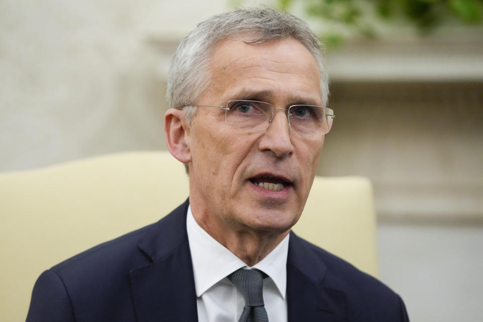 NATO Secretary General Jens Stoltenberg speaks as he meets with President Joe Biden in the Oval Office at the White House, Monday, June 17, 2024. (AP Photo/Mark Schiefelbein)