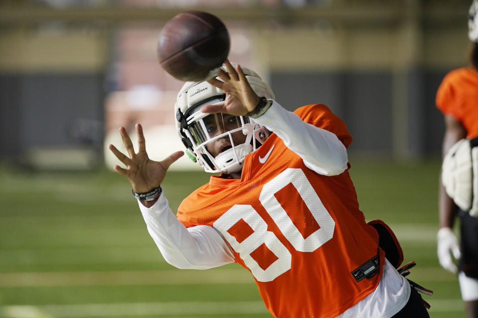 FILE - Oklahoma State's Brennan Presley during an NCAA college football practice on Aug. 5, 2022, in Stillwater, Okla. The Cowboys lost All-Big 12 receiver Tay Martin, but Brennan Presley is positioned to be the next great Oklahoma State wideout. (AP Photo/Sue Ogrocki, File)