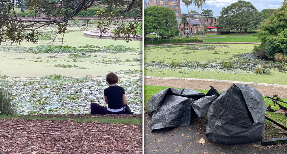 Left - a woman sitting by Lake Northam. Right - Bags containing dead birds at Lake Northam.