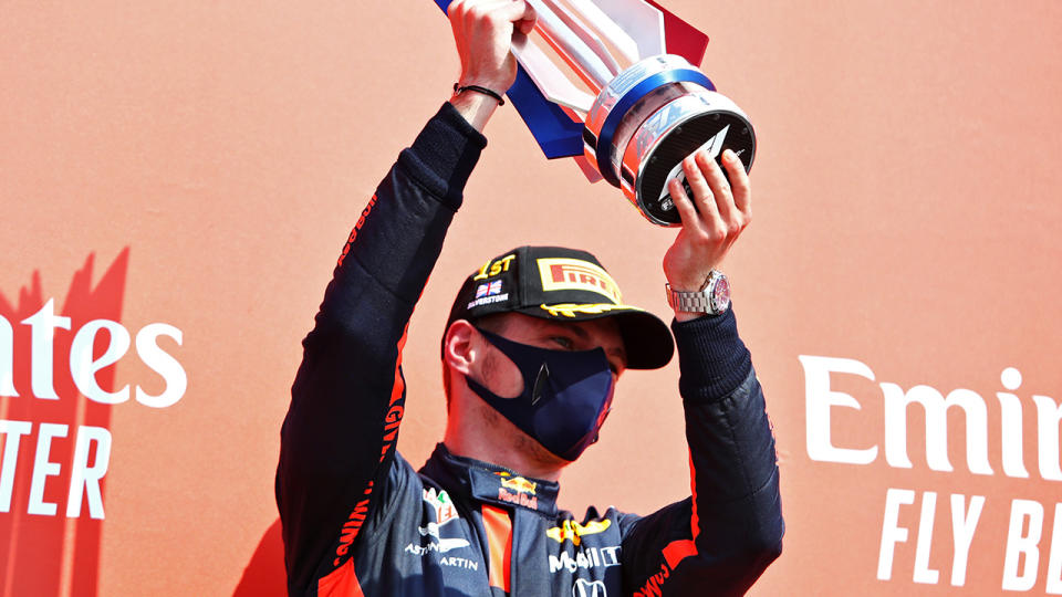 Max Verstappen, pictured here celebrating after winning the 70th Anniversary Grand Prix at Silverstone.