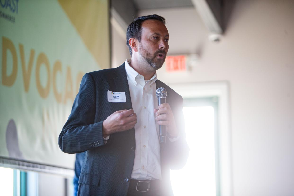 Seth Getz, 86th district house candidate, speaks to potential voters during a West Coast Chamber of Commerce forum on Monday, June 20, 2022, at Boatwerks in Holland.