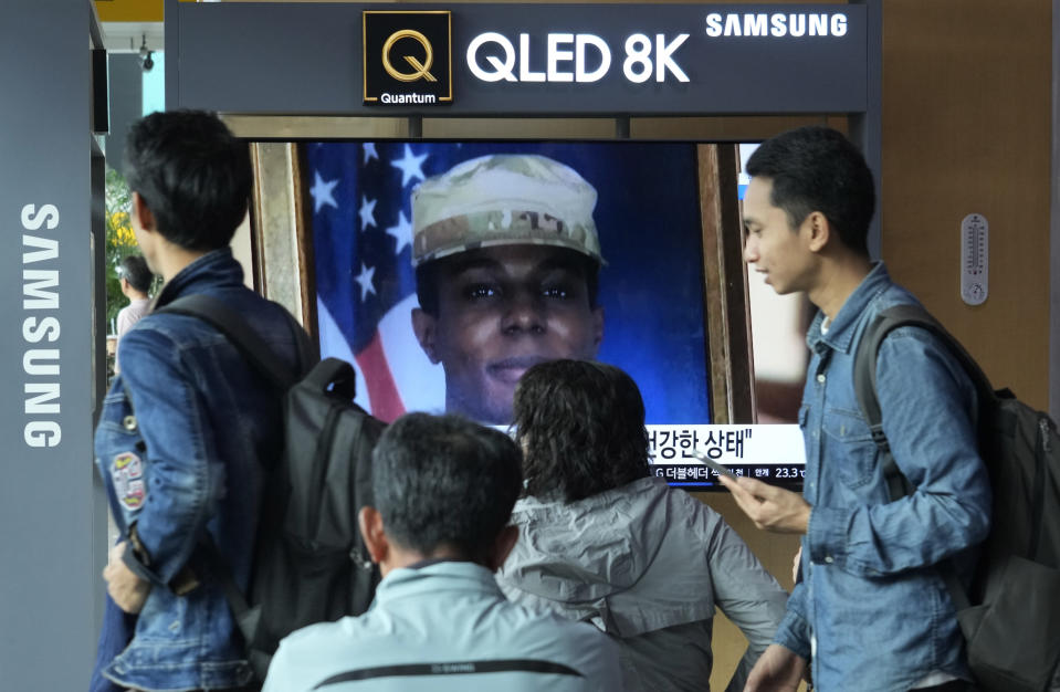 A TV screen shows a file image of American soldier Travis King during a news program at the Seoul Railway Station in Seoul, South Korea, Thursday, Sept. 28, 2023. The U.S. has secured the release of King who sprinted across a heavily fortified border into North Korea more than two months ago, and he is on his way back to America, officials announced Wednesday. U.S. ally Sweden and rival China helped with the transfer. (AP Photo/Ahn Young-joon)