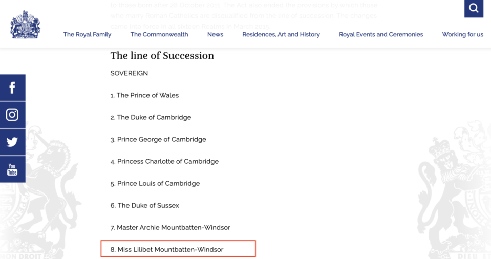 王室官方網站上可見莉莉貝被列為王位第8順位繼承人。（翻攝royal.uk網站）