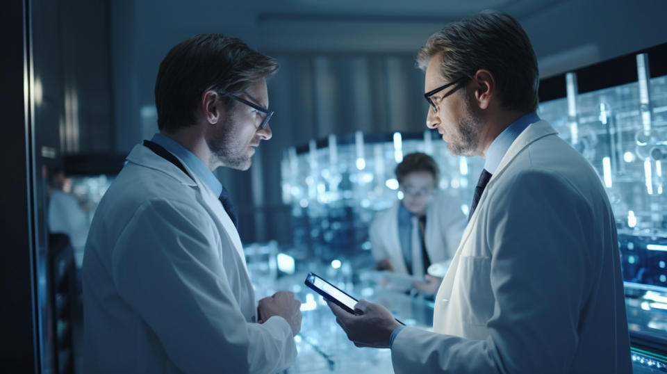 A biotechnologist in a lab coat discussing a therapeutic antibody with a colleague.