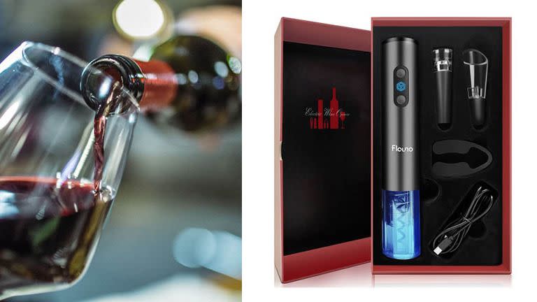 a glass of wine next to a bottle of wine and product shot of battery operated wine opener kit