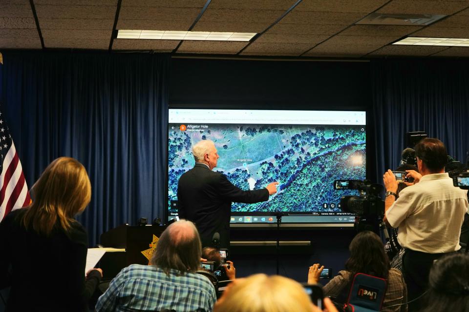 During a press conference on July 29, 2024, Butte County District Attorney Mike Ramsey points to the area in Upper Bidwell Park near Chico where the Park Fire started on July 24, 2024.
