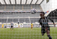 Newcastle's Joe Willock celebrates after scoring his side's second goal during the English Premier League soccer match between Newcastle United and Tottenham Hotspur at St. James' Park in Newcastle, England, Sunday, April 4, 2021. (Stu Forster/Pool via AP)