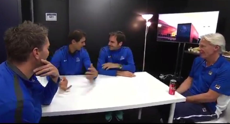 Federer et Nadal détendus avant leur double (DR/Twitter)