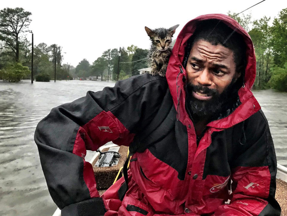 Robert Simmons Jr. and his kitten, Survivor, are rescued from floodwaters after Hurricane Florence dumped several inches of rain overnight, on Sept. 14, 2018, in New Bern, N.C. (Photo: Andrew Carter/The News & Observer via AP)