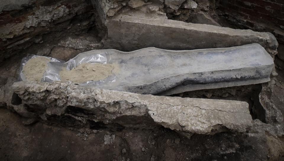 A picture shows a lead sarcophagus discovered in the floor of Notre Dame Cathedral, in Paris, on March 15, 2022.