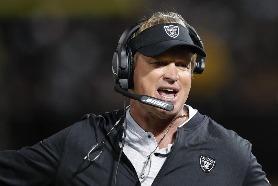 Oakland Raiders coach Jon Gruden reacts during the first half of the team's NFL preseason football game against the Detroit Lions in Oakland, Calif., Friday, Aug. 10, 2018. (AP Photo/John Hefti)