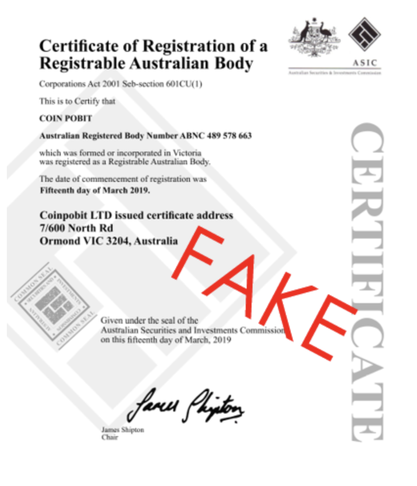 example of a fake asic document