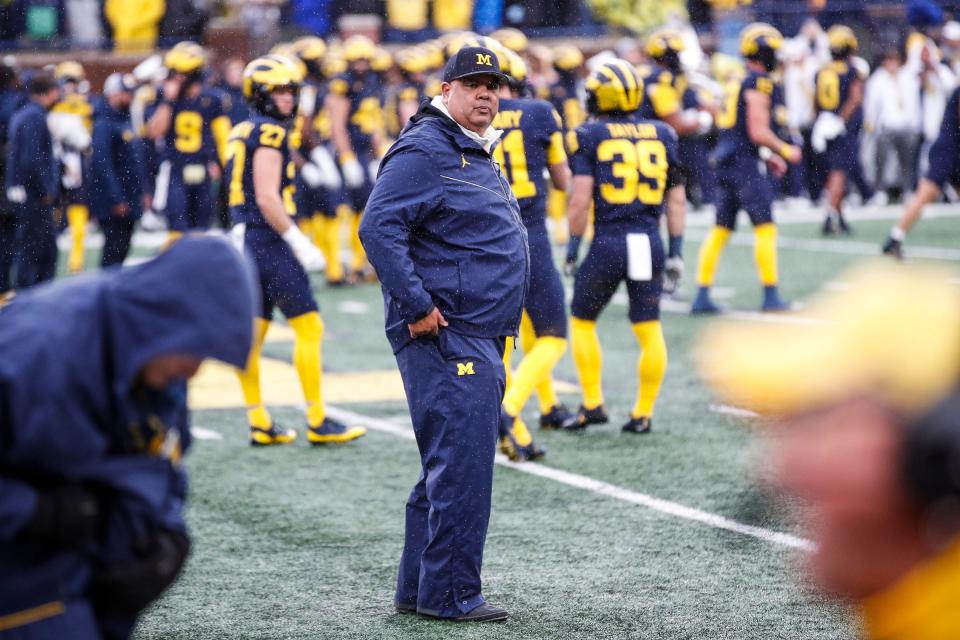 Michigan athletic director Warde Manuel watches warmups before the Indiana game at Michigan Stadium in Ann Arbor on Saturday, Oct. 14, 2023.