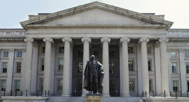 Budget Deficit (FILE- In this Monday, Aug. 8, 2011, file photo, a statue of former Treasury Secretary Albert Gallatin stands gua