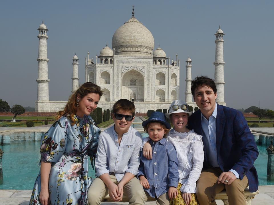 Prime Minister of Canada Justin Trudeau, his wife Sophie Gregoire and their children pose for a photograph during their visit to Taj Mahal in Agra on February 18, 2018. Trudeau and his family arrived at the Taj Mahal on February 18, kickstarting their week-long trip to India aimed at boosting economic ties between the two countries.