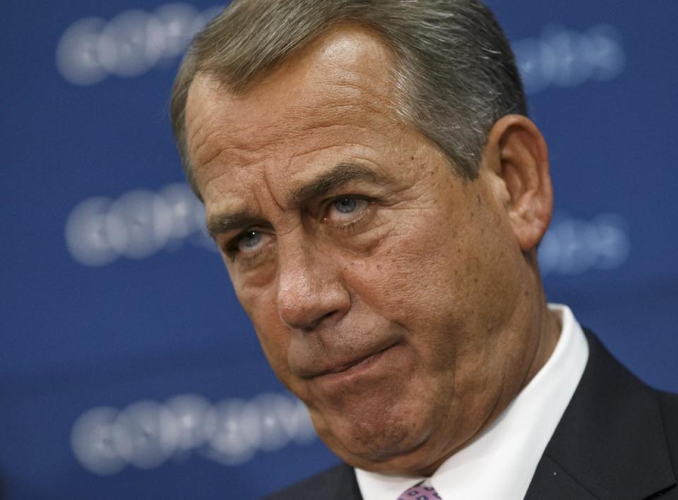 House Speaker John Boehner, of Ohio, and GOP leaders face reporters on Capitol Hill in Washington, Tuesday, Jan. 14, 2014, after a weekly House Republican Conference meeting. The Republicans tied the recent stagnant employment reports to the policies of President Barack Obama and Democratic lawmakers. (AP Photo/J. Scott Applewhite)