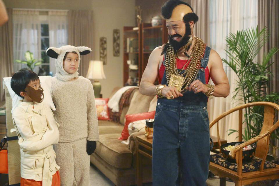 <p>The Huangs' 1990-something Halloween costumes were a sign of the times. Louis (Randall Park) channeled Mr. T, while Evan and Emery (Ian Chen, Forrest Wheeler) paid homage to the 1991 movie <i>The Silence of the Lambs</i>. (Original airdate: Oct. 27, 2015) <br>(Photo by Michael Ansell/ABC via Getty Images) </p>