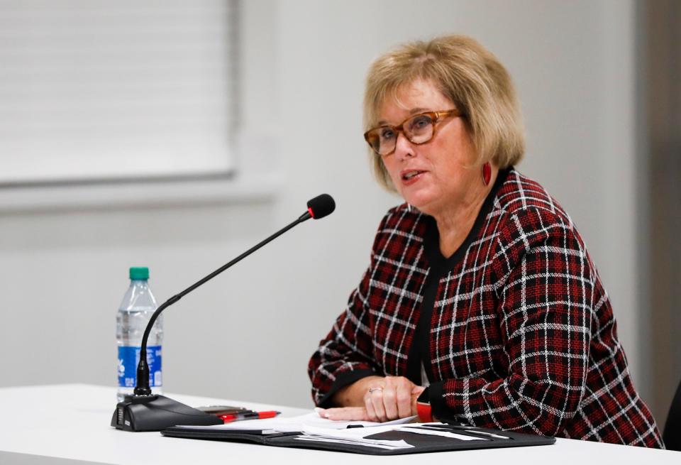 Candidate for Ozark School Board Patty Quessenberry answers questions at a forum put on by the Ozark PTA on Tuesday, March 19, 2024.