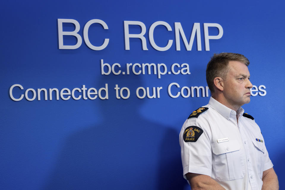 Assistant Commissioner Brian Edwards, Officer-in-Charge of Surrey RCMP Detachment waits to speak during a news conference for an update on the Hardeep Singh Nijjar homicide investigation from June 18, 2023, in Surrey, B.C., Friday, May 3, 2024. (Ethan Cairns/The Canadian Press via AP)