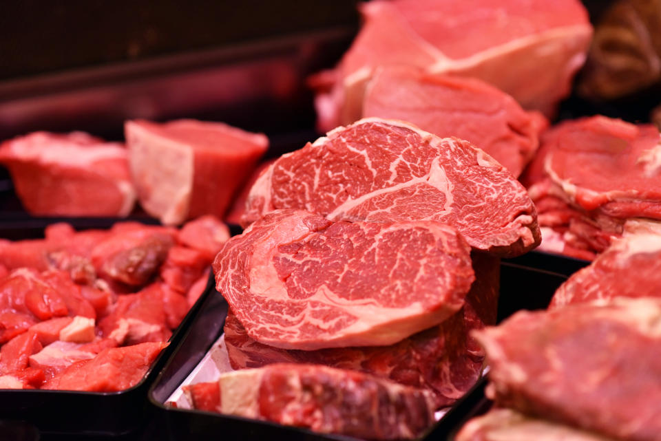 fresh sausage and meat in the bar for sale in the supermarket