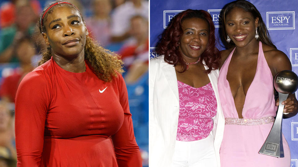 Serena Williams in July, and with sister Yetunde Price in 2003. Image: Getty