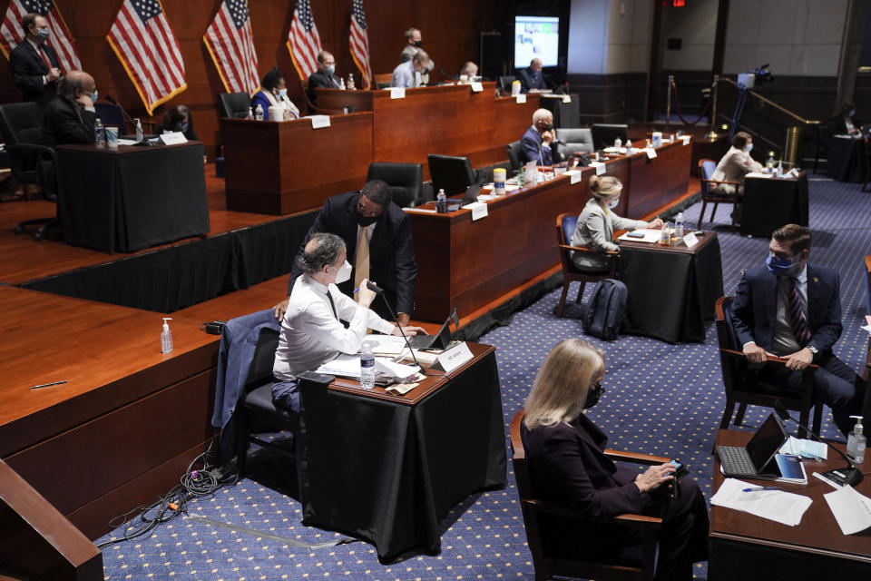 Rep. Jamie Raskin, D-Md., speaks to Rep. Cedric Richmond, D-La., during a House Judiciary Committee markup of the Justice in Policing Act of 2020 on Capitol Hill in Washington, Wednesday, June 17, 2020. (Greg Nash/Pool via AP)