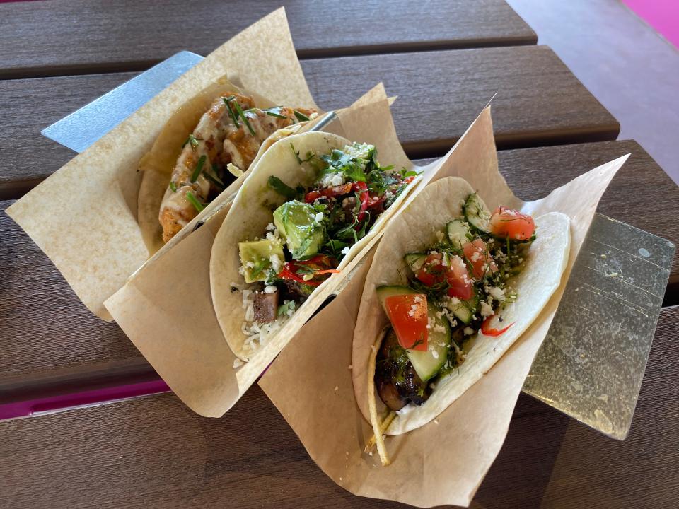 From left, Weekly Taco Feature, Chimichurri Steak and Mediterranean Mushroom tacos at Velvet Taco in North Oklahoma City.