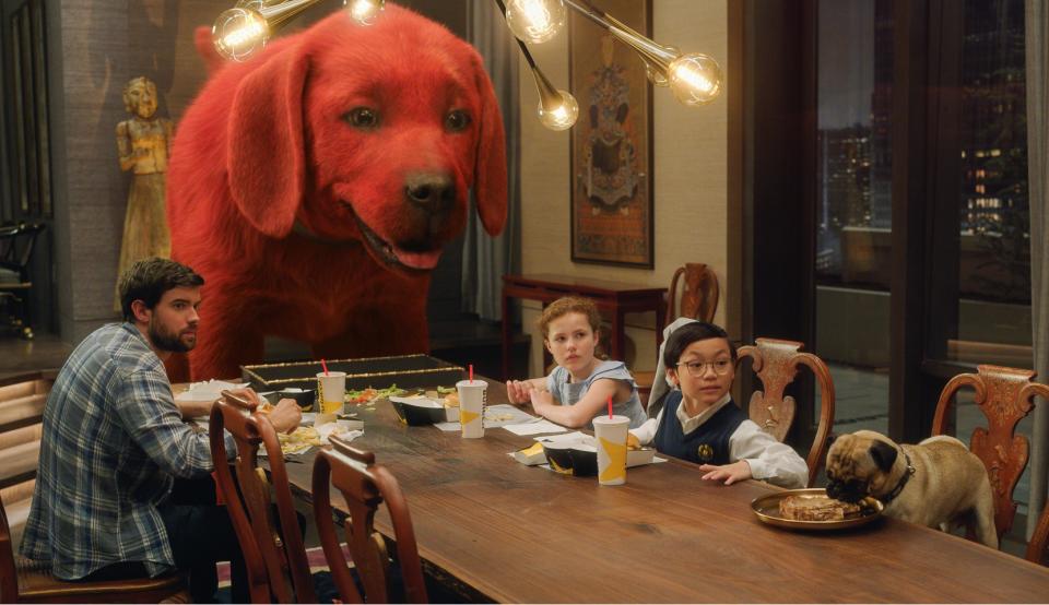 Jack Whitehall and Darby Camp in Clifford The Big Red Dog. (Still courtesy of United International Pictures)