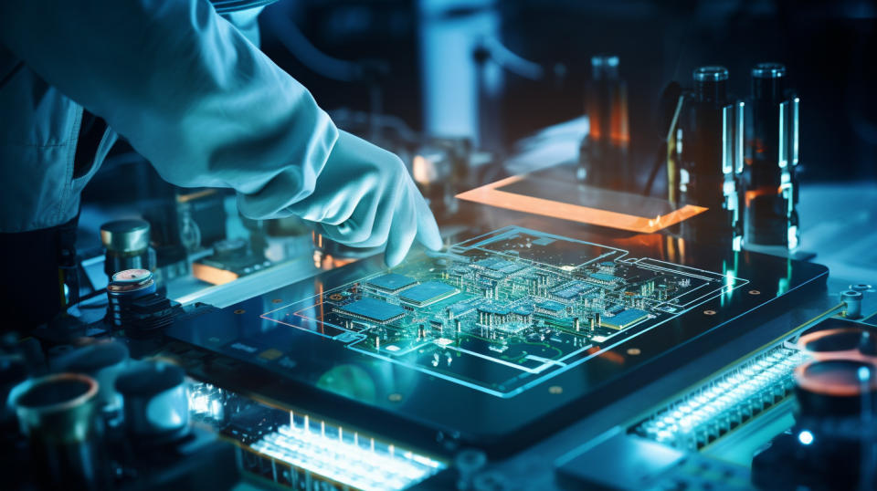 A technician using a microscope to inspect a complex semiconductor structure.