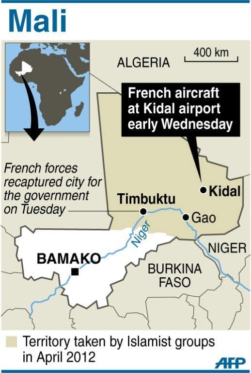 Map showing Kidal where French troops landed at the airport on Wednesday, the last major city in northern Mali still outside their control