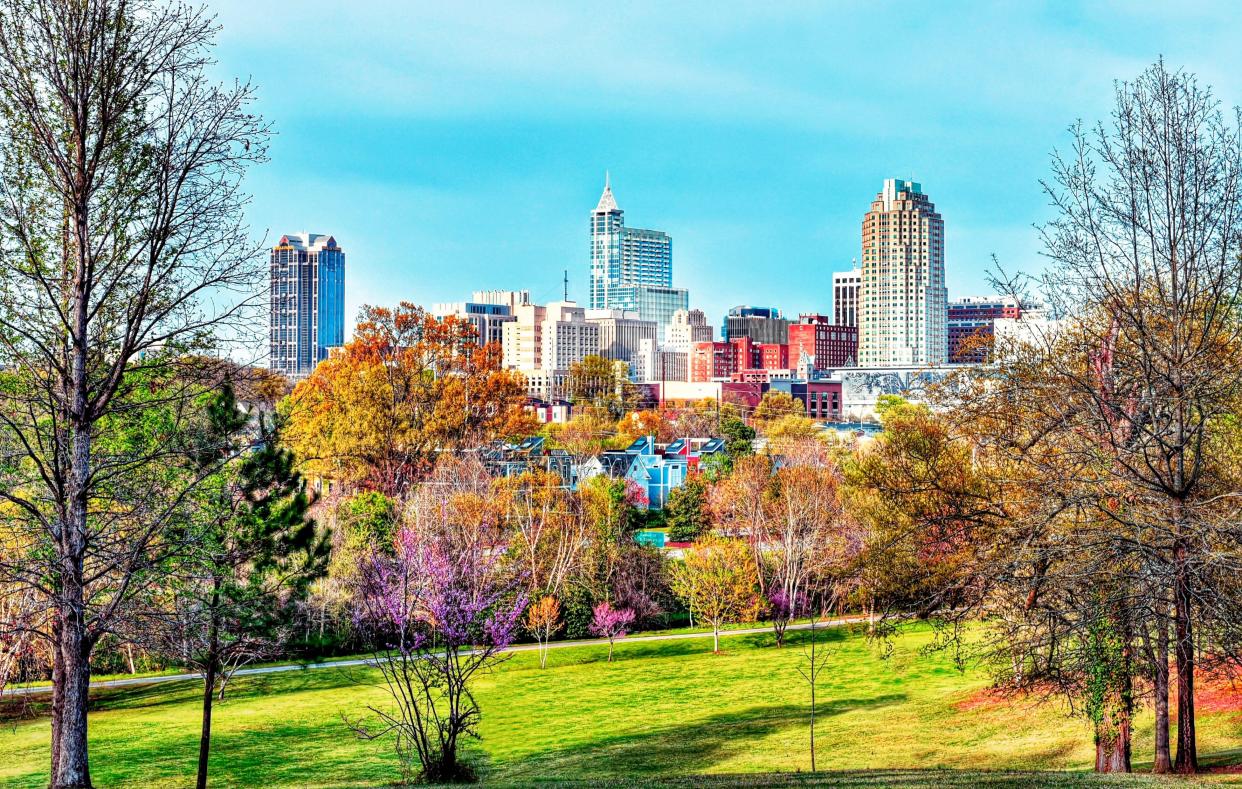 A perfect colorful downtown skyline of Raleigh North Carolina.