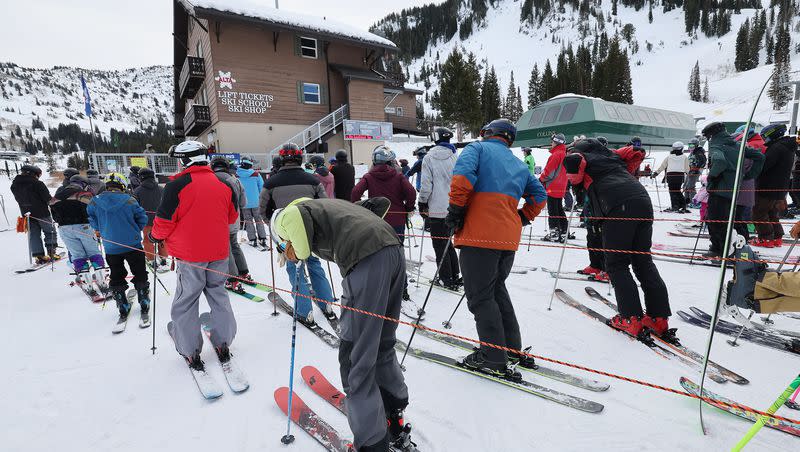 Skiers wait in line at Alta Ski Area in Little Cottonwood Canyon on Saturday, Nov. 26, 2022. What will the 2023-24 winter season be like?