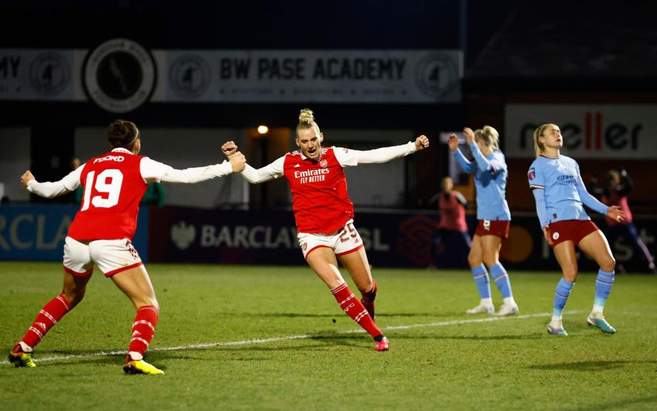 Arsenal's Stina Blackstenius celebrates scoring - Reuters/Peter Cziborra