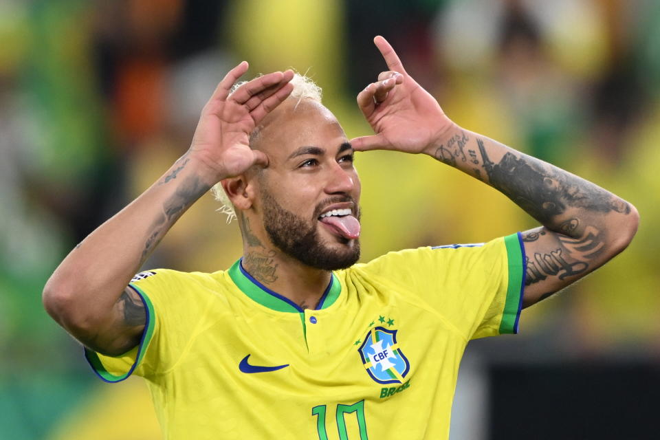 Seen here, Neymar celebrates after scoring his 76th goal for Brazil in the World Cup win over Korea.