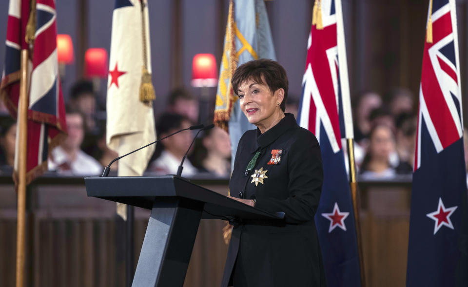 New Zealand's Governor-General Patsy Reddy speaks during a national memorial service for Prince Philip at the Cathedral of St. Paul in Wellington, New Zealand. Prince Philip was remembered as frank, engaging and willing to meet people from all walks of life during his 14 visits to the country. (Robert Kitchin/Pool via AP)