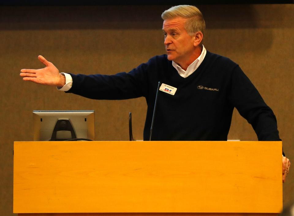 Ed Wulbrecht speaks during a ceremony announcing recipients of the SIA Foundations grants, Tuesday, Dec. 13, 2022, at Subaru of Indiana Automotive in Lafayette, Ind. 