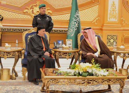 Lebanese Maronite Patriarch Bechara Boutros Al-Rahi is welcomed by Saudi Arabia's Minister of State for Gulf Affairs Thamer al-Sabhan, in Riyadh, Saudi Arabia November 13, 2017. Saudi Press Agency/Handout via REUTERS