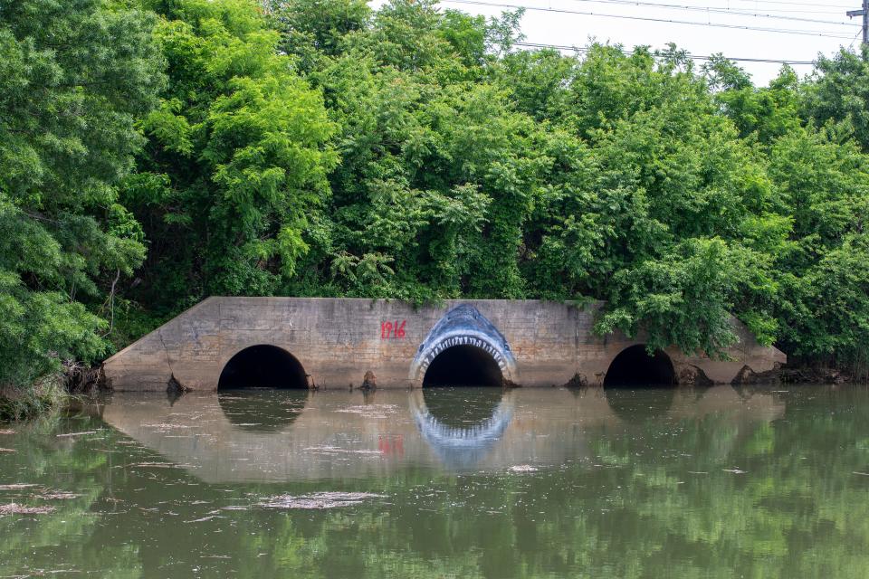 A mural of a shark painted on a concrete wall along Gravelly Brook, a tributary of Matawan Creek, memorializes the 1916 shark attacks.