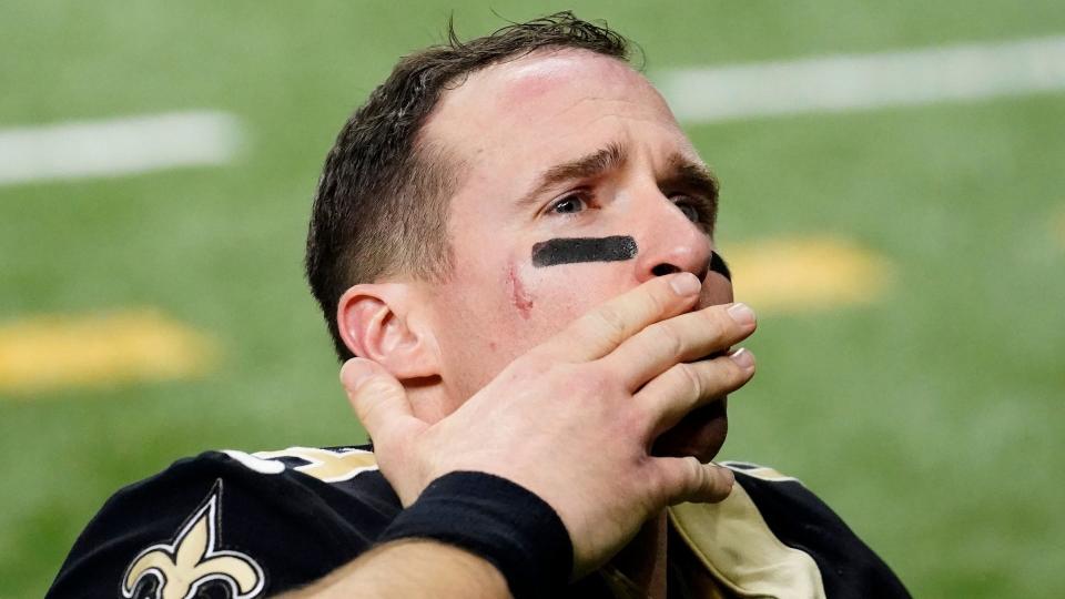 Mandatory Credit: Photo by Brynn Anderson/AP/Shutterstock (11713998bp)New Orleans Saints quarterback Drew Brees waves to fans and his family after an NFL divisional round playoff football game against the Tampa Bay Buccaneers, in New Orleans.