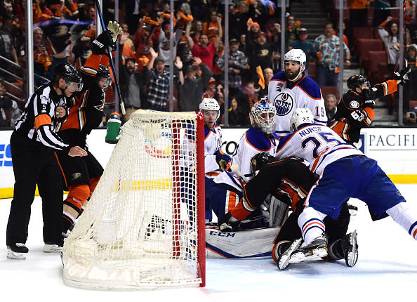 ANAHEIM, CA - MAY 05: Cam Talbot #33 of the Edmonton Oilers looks back at the net as Rickard Rakell #67 of the Anaheim Ducks scores a goal to tie the game 3-3 with fifteen seconds remaining during the third period in Game Five of the Western Conference Second Round during the 2017 NHL Stanley Cup Playoffs at Honda Center on May 5, 2017 in Anaheim, California. (Photo by Harry How/Getty Images)