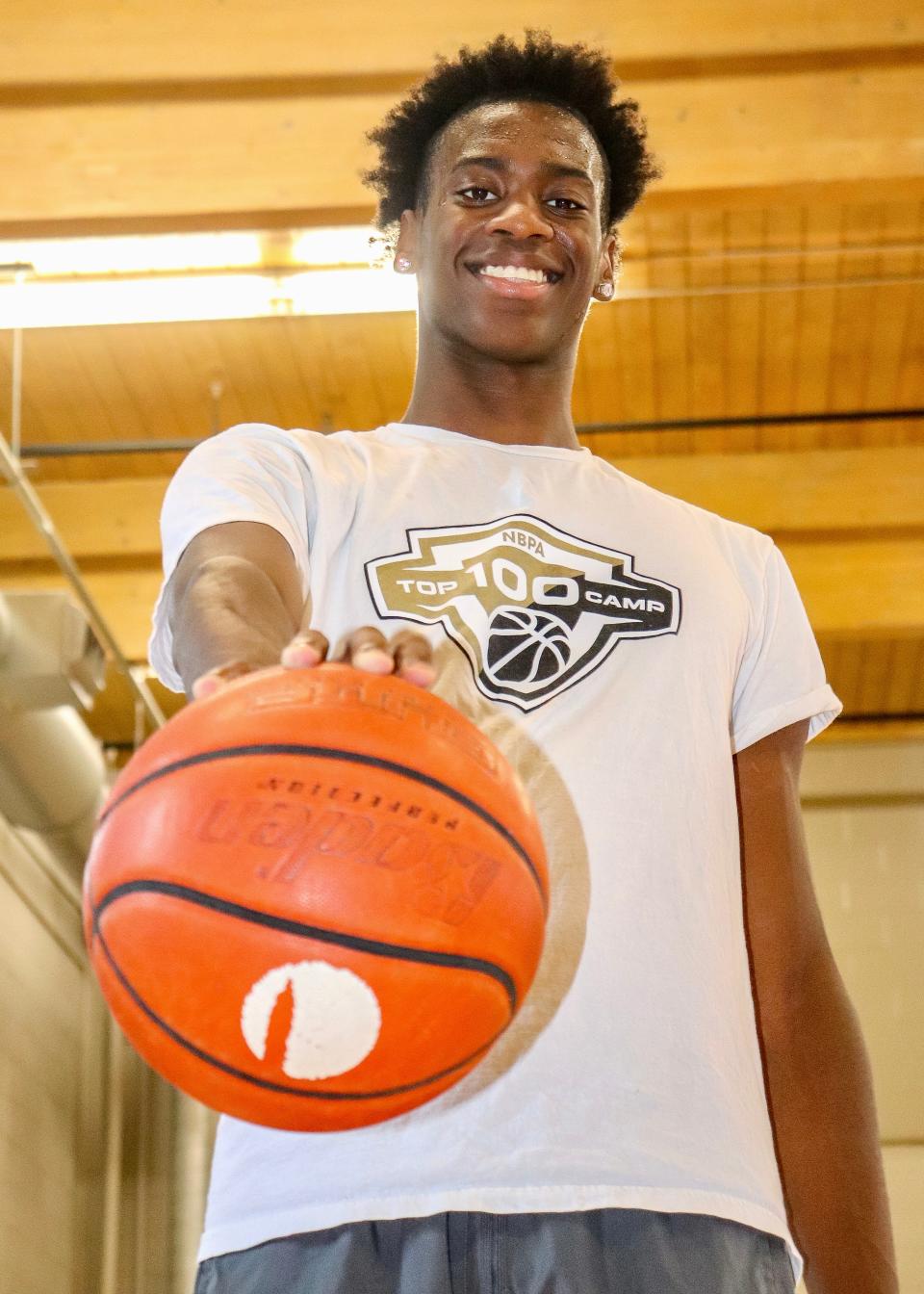 Brockton's AJ Dybantsa, 16, the top-rated freshman basketball player in the country according to ESPN Top 100, during a workout at Jubilee Christian Church in Stoughton on Monday, July 10, 2023.