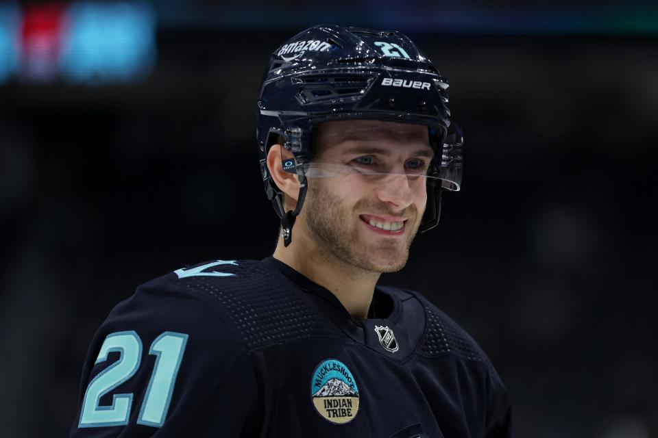 SEATTLE, WASHINGTON - DECEMBER 12: Alex Wennberg #21 of the Seattle Kraken warms up before the game against the Florida Panthers at Climate Pledge Arena on December 12, 2023 in Seattle, Washington.